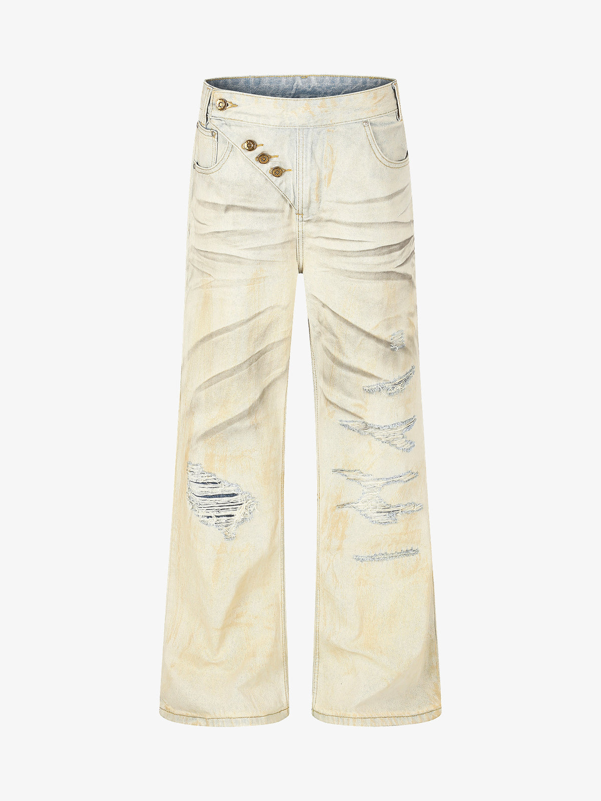 EVIL ENEMY DISTRESSED RIPPED WHITE JEANS; Cream; front view