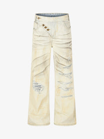 EVIL ENEMY DISTRESSED RIPPED WHITE JEANS; Cream; front view