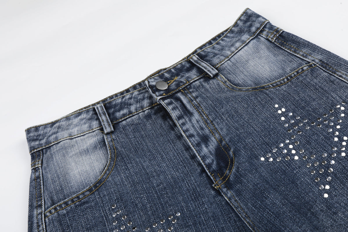 GEESAS RHINESTONE STAR JEANS; Blue; design detail
