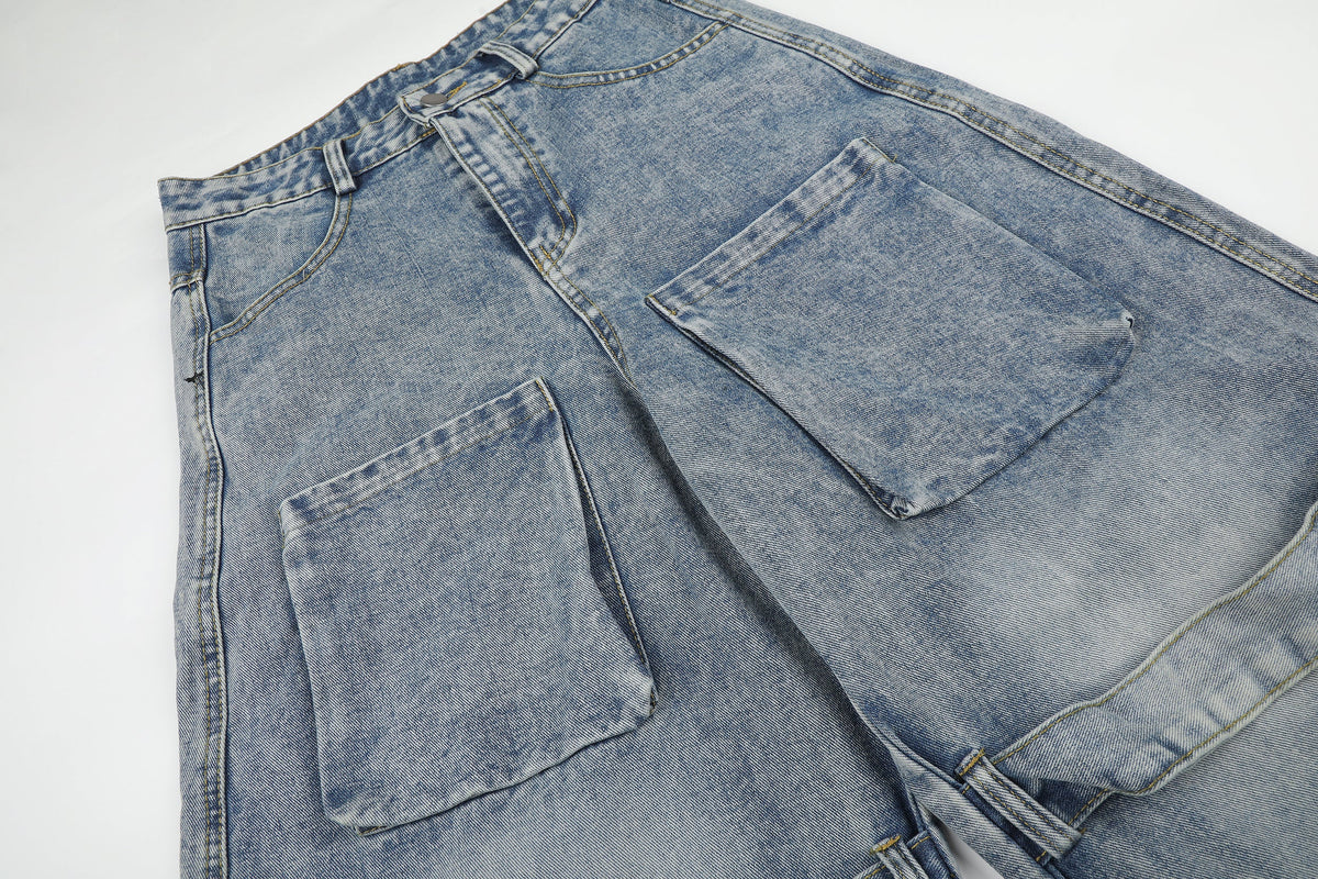 GEESAS MULTI POCKET BAGGY BARREL JEANS; Blue; garment construction detail
