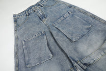 GEESAS MULTI POCKET BAGGY BARREL JEANS; Blue; garment construction detail