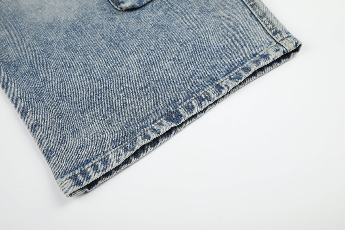 GEESAS MULTI POCKET BAGGY BARREL JEANS; Blue; garment construction detail