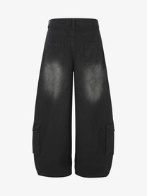 GEESAS MULTI POCKET BAGGY BARREL JEANS; Black; back view