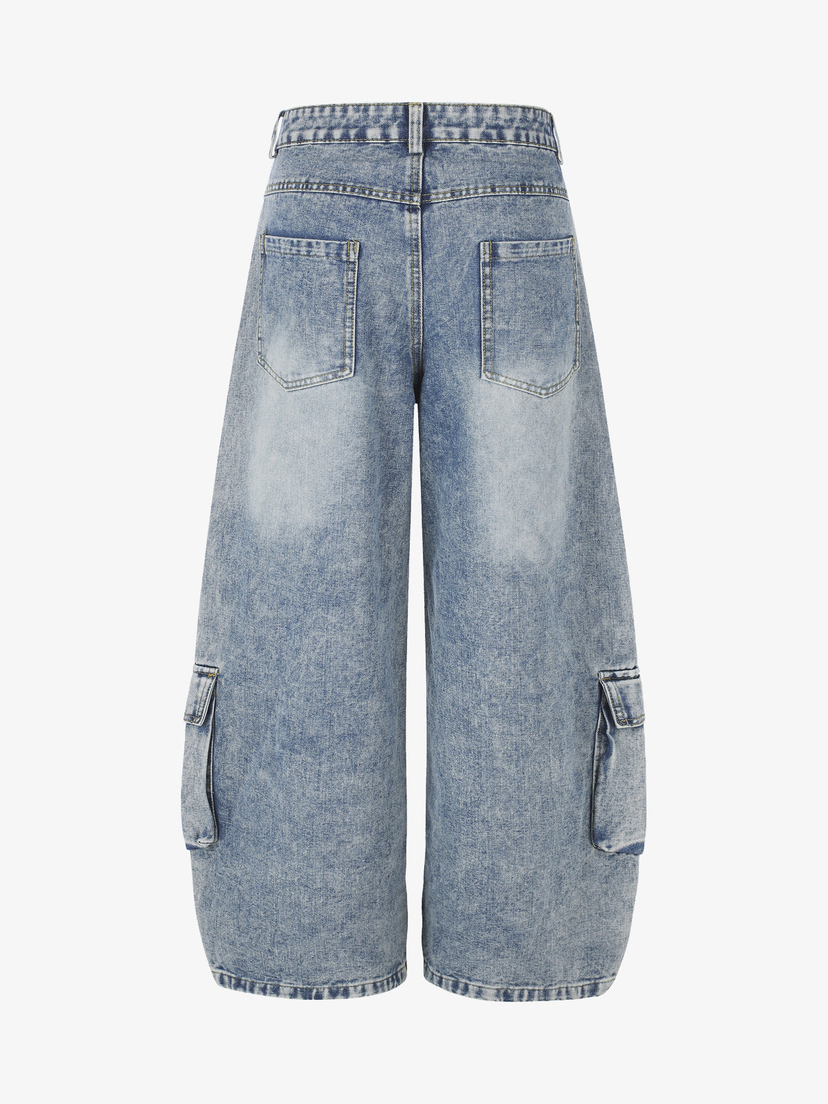 GEESAS MULTI POCKET BAGGY BARREL JEANS; Blue; back view