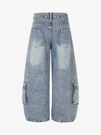 GEESAS MULTI POCKET BAGGY BARREL JEANS; Blue; back view