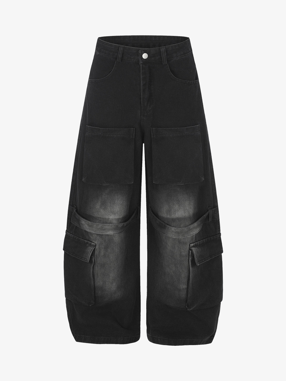 GEESAS MULTI POCKET BAGGY BARREL JEANS; Black; front view