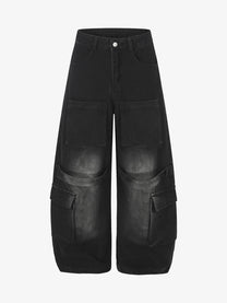 GEESAS MULTI POCKET BAGGY BARREL JEANS; Black; front view