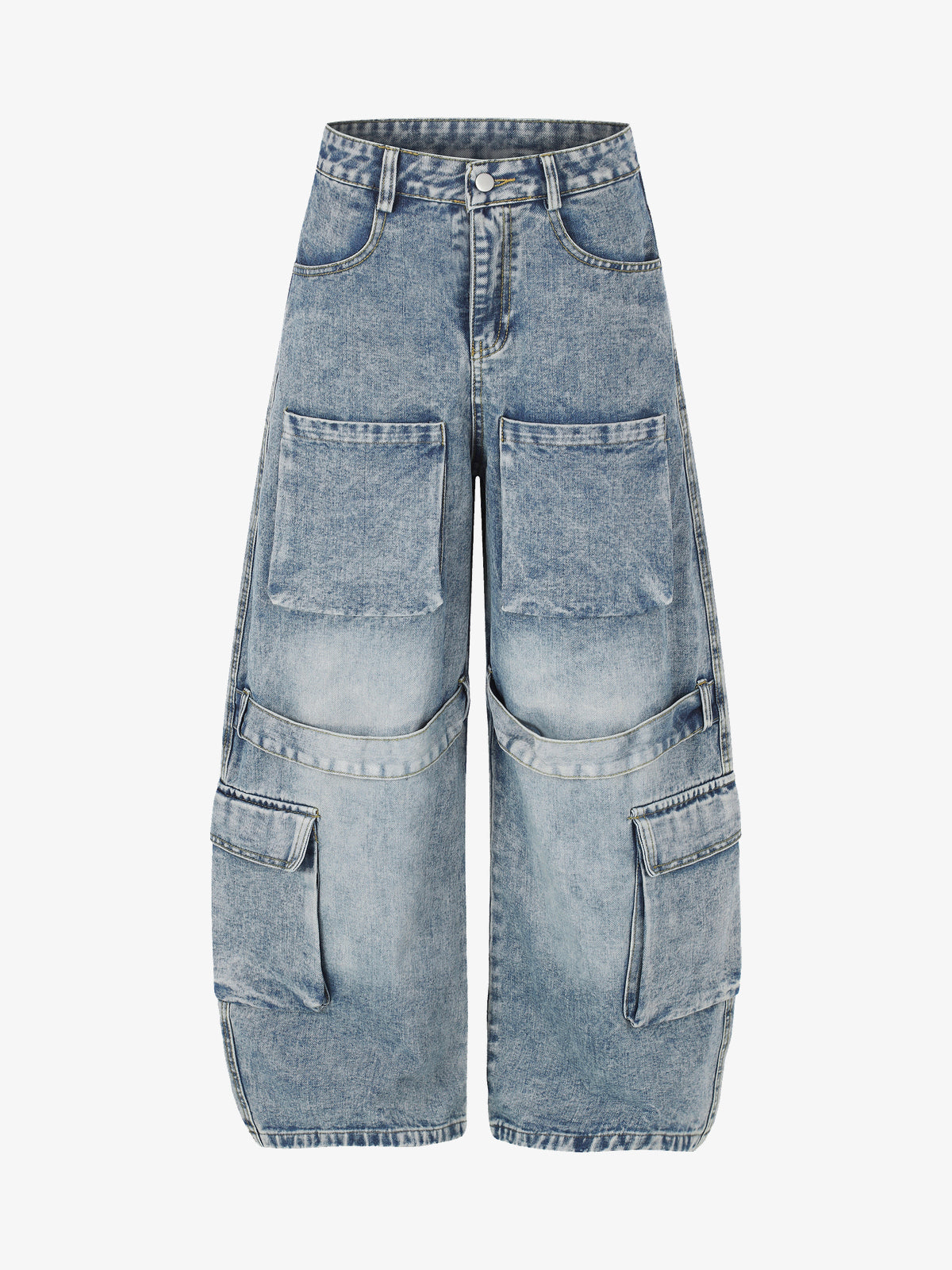 GEESAS MULTI POCKET BAGGY BARREL JEANS; Blue; front view
