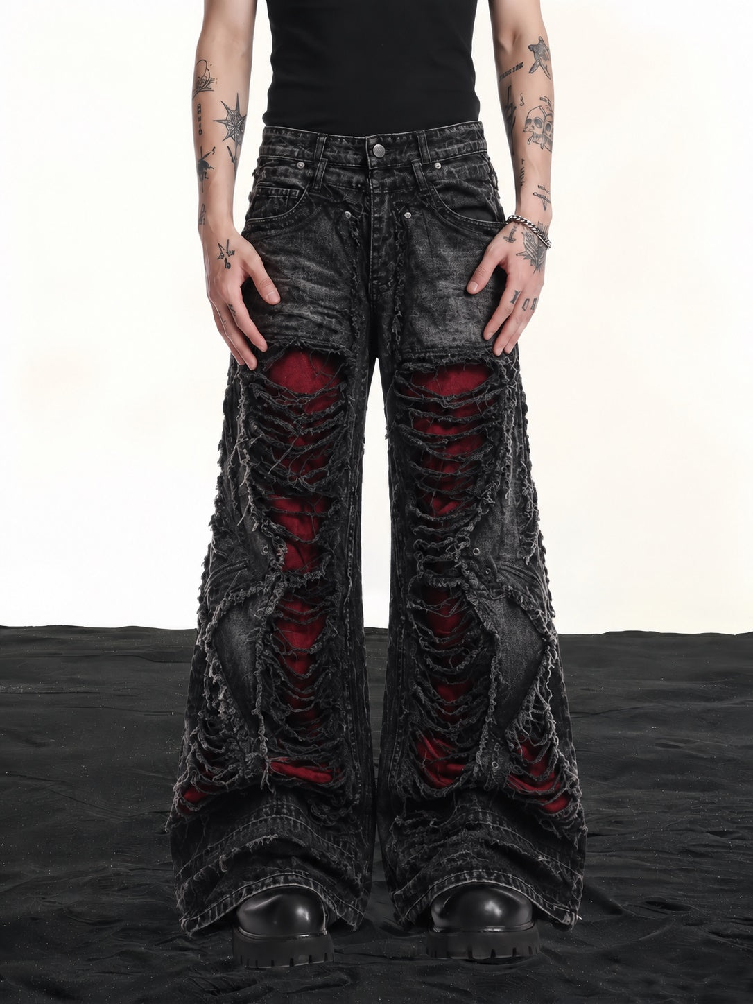 GUO WEAR DISTRESSED RED WASH JEANS; Black; model view