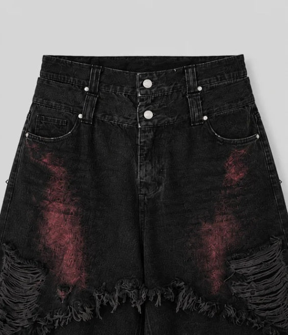 GUO WEAR RED FADE FRAYED CARGO JEANS; Black; design detail