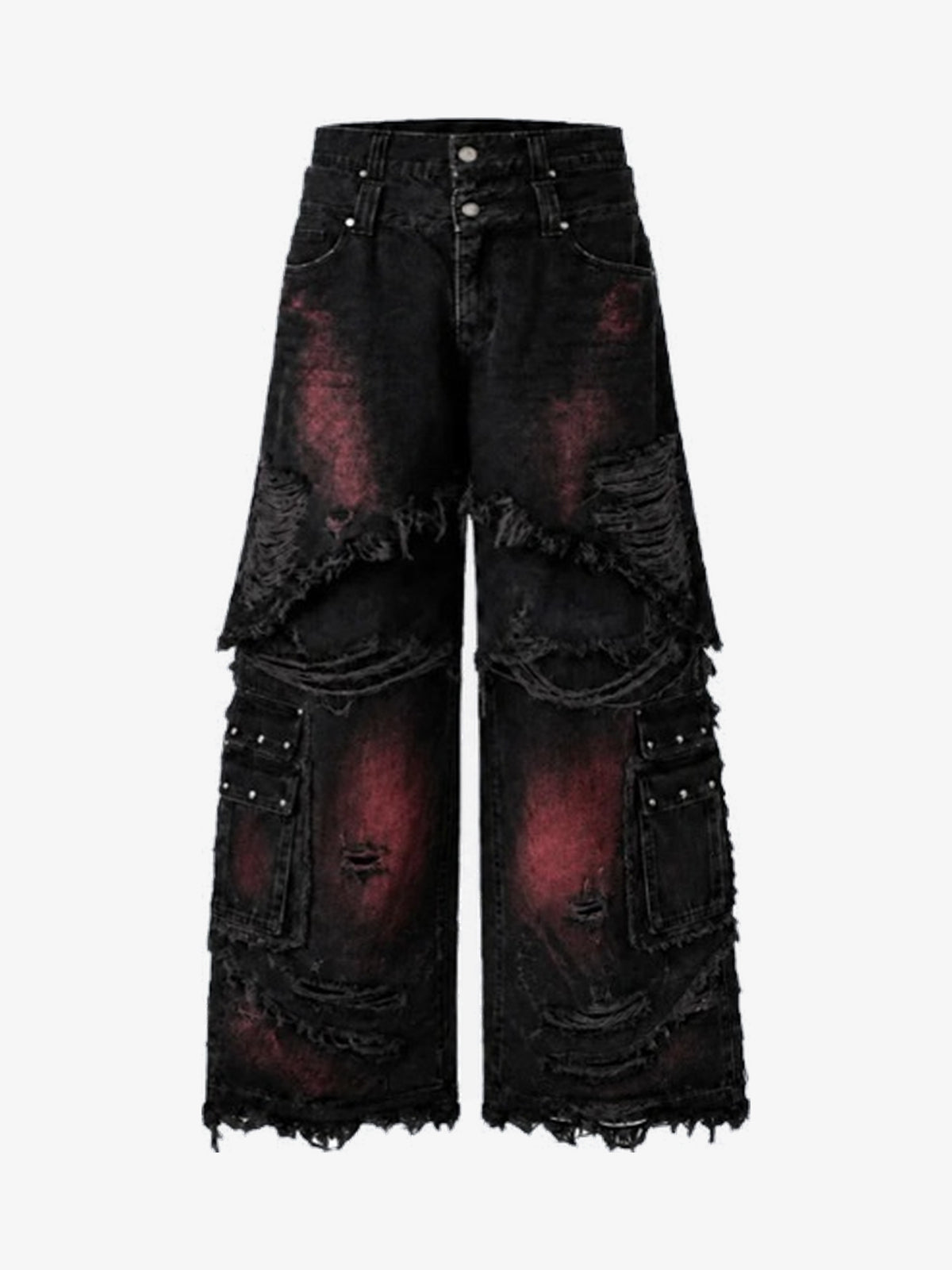 GUO WEAR RED FADE FRAYED CARGO JEANS; Black; front view