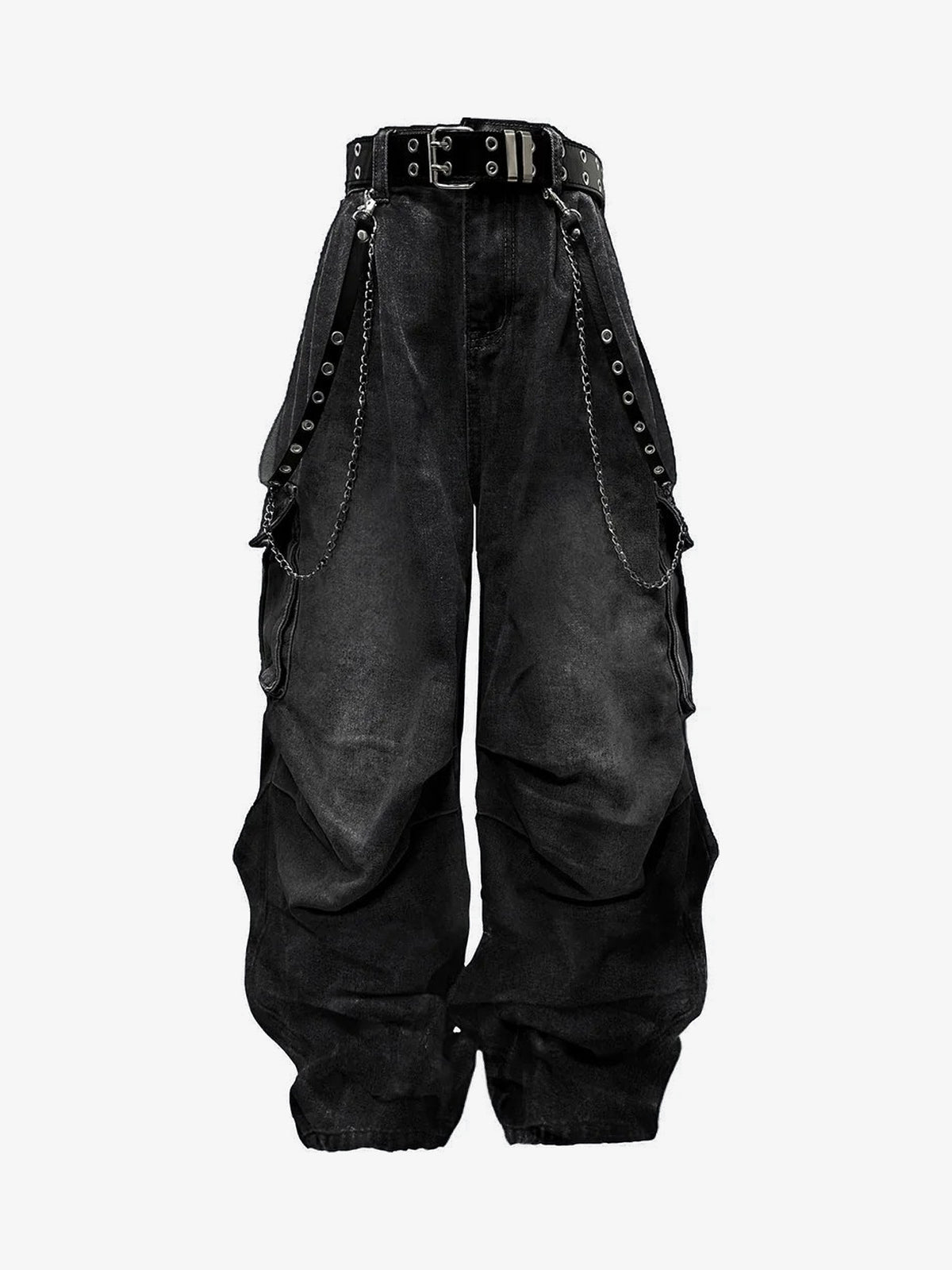 GUO WEAR WASHED CARGO POCKET JEANS; Black; front view