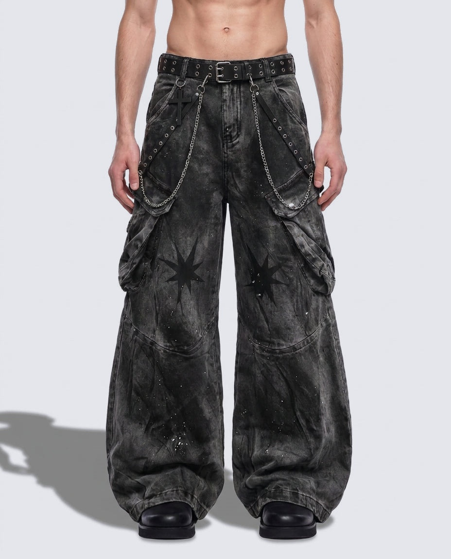 GUO WEAR WASHED CHAIN CARGO JEANS; Gray; model view