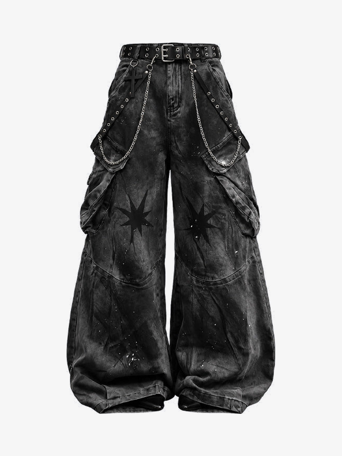 GUO WEAR WASHED CHAIN CARGO JEANS; Gray; front view