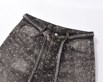 GZBKI RHINESTONE BELT WASHED JEANS; Black; garment construction detail