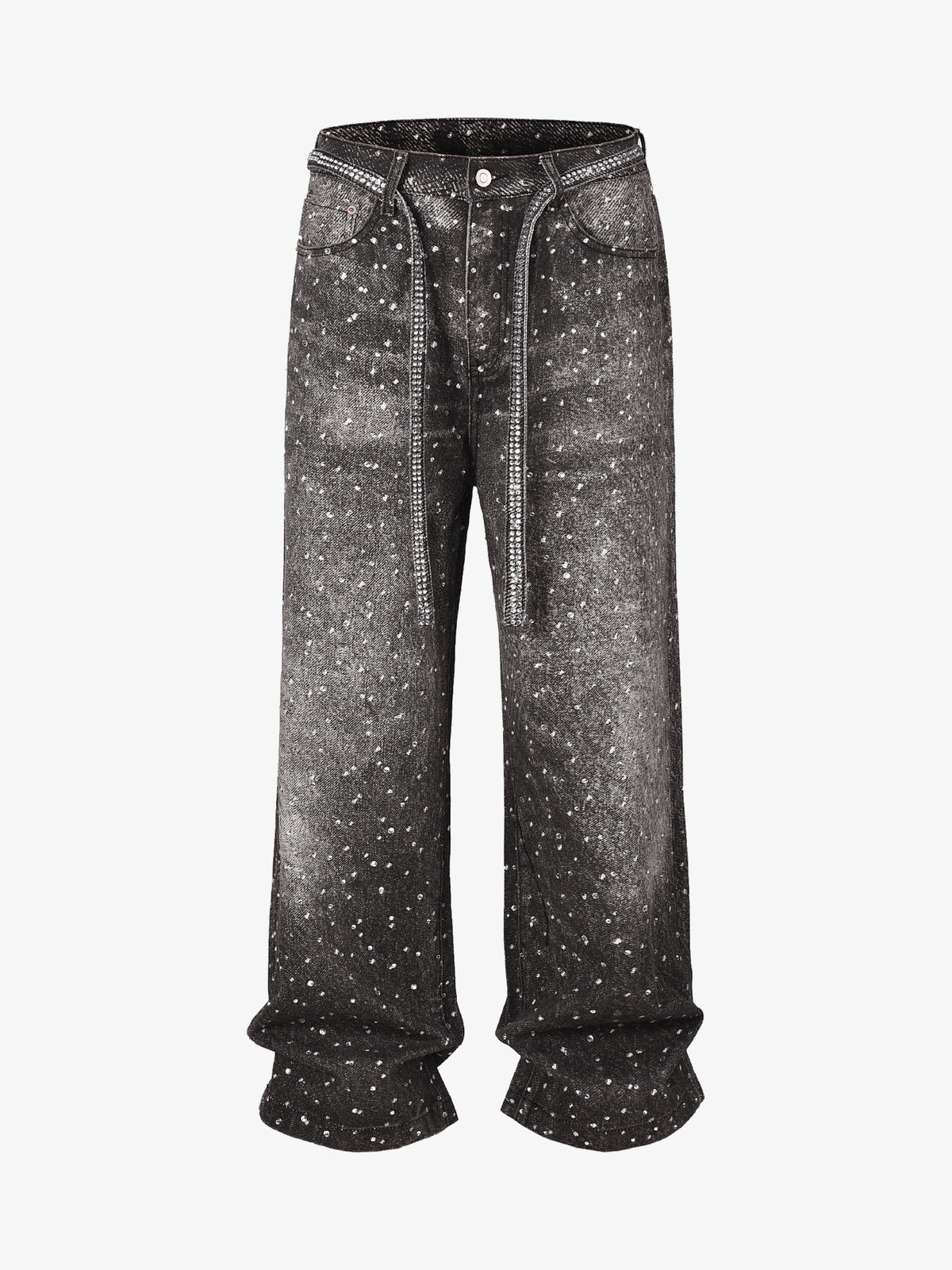 GZBKI RHINESTONE BELT WASHED JEANS; Black; front view