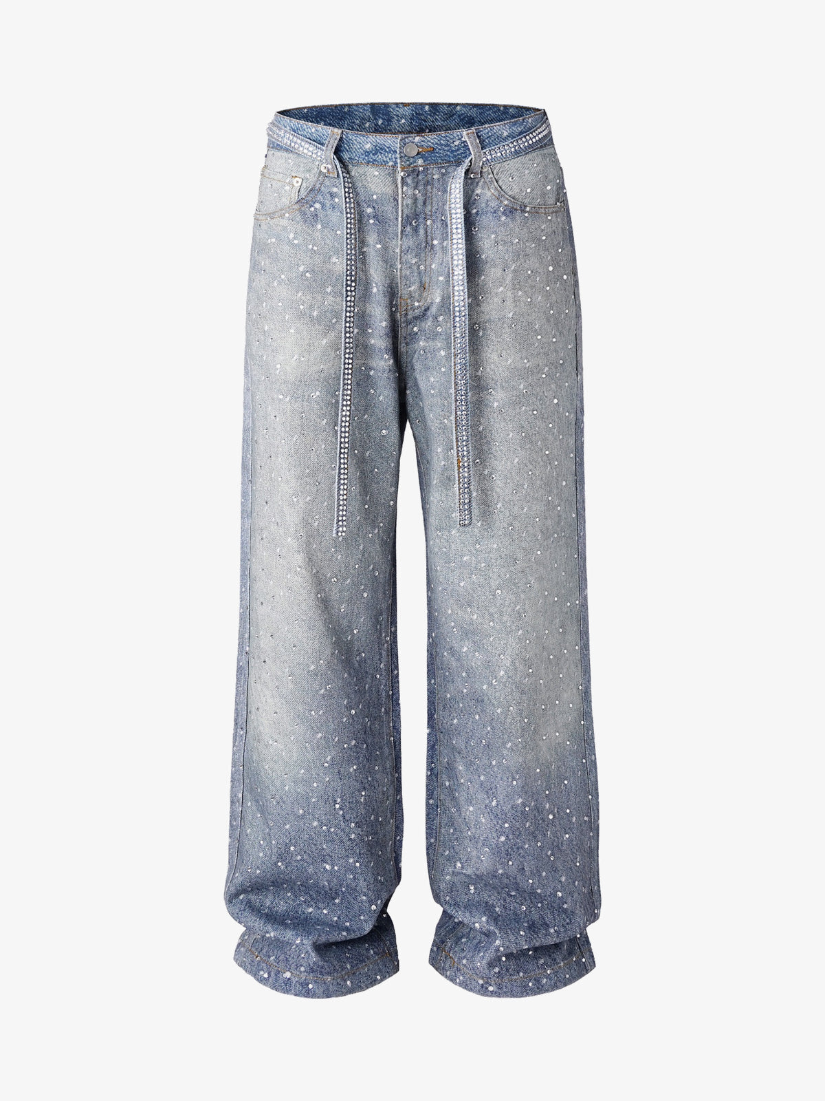 GZBKI RHINESTONE BELT WASHED JEANS; Blue; front view
