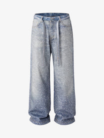 GZBKI RHINESTONE BELT WASHED JEANS; Blue; front view