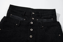 MCCNN DOUBLE WAIST BUTTON FLY JEANS; Black; garment construction detail