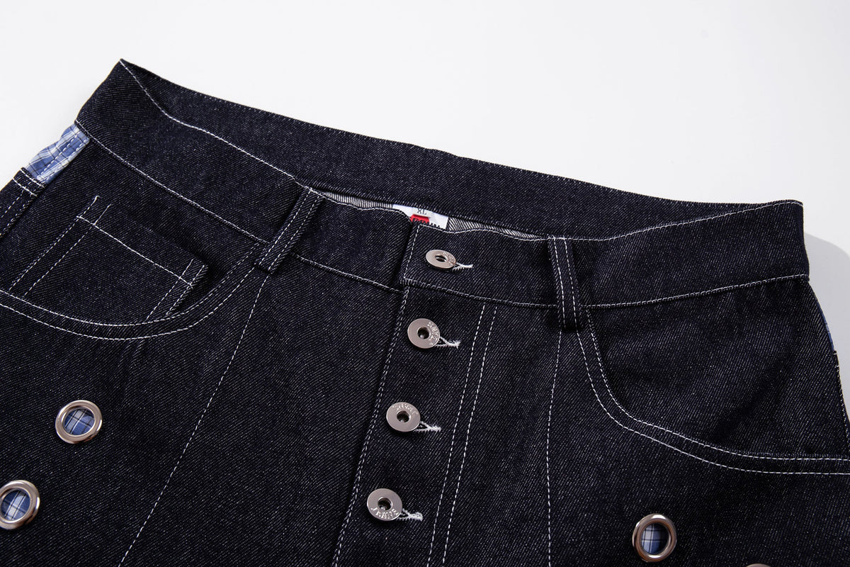 MCCNN GINGHAM WAIST GROMMET JEANS; Blue; garment construction detail
