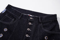 MCCNN GINGHAM WAIST GROMMET JEANS; Blue; garment construction detail