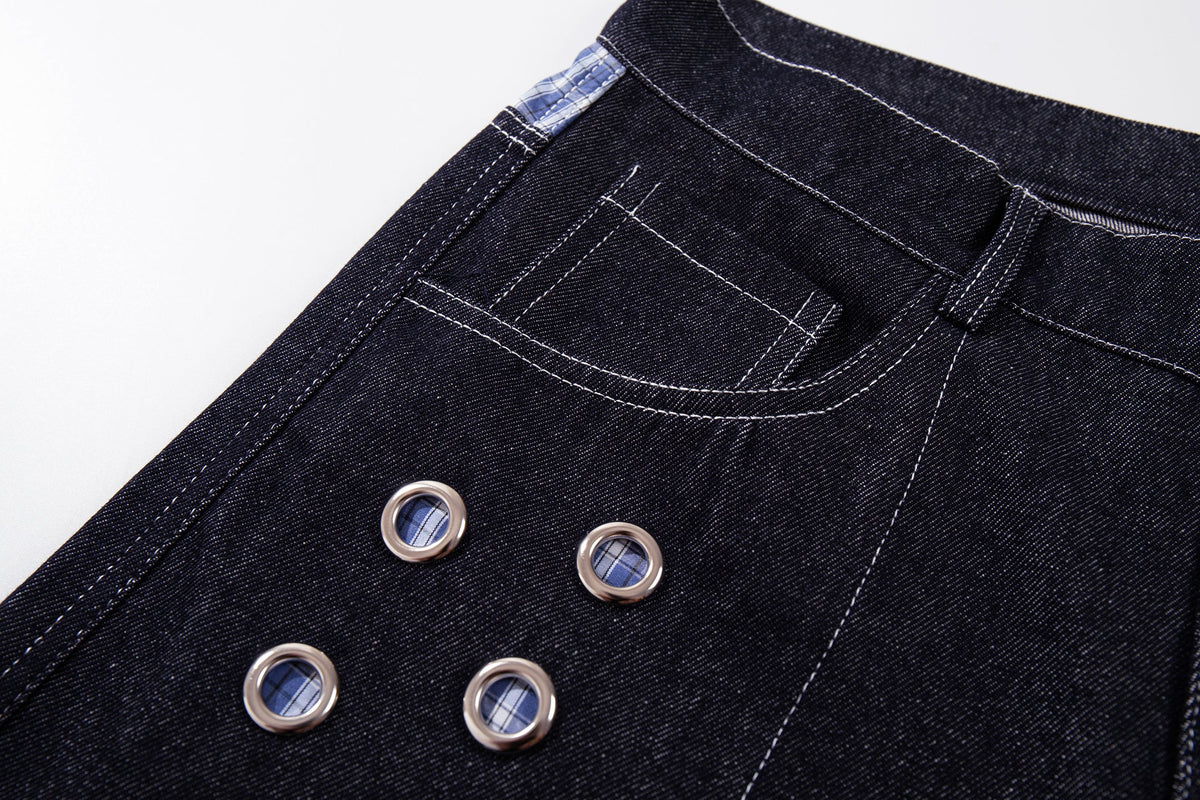 MCCNN GINGHAM WAIST GROMMET JEANS; Blue; design detail