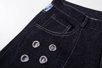 MCCNN GINGHAM WAIST GROMMET JEANS; Blue; design detail
