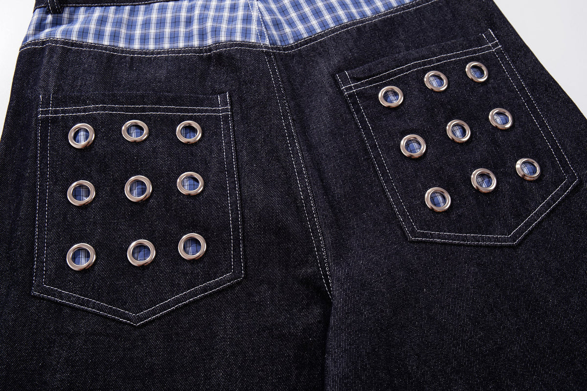 MCCNN GINGHAM WAIST GROMMET JEANS; Blue; design detail