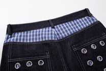 MCCNN GINGHAM WAIST GROMMET JEANS; Blue; garment construction detail