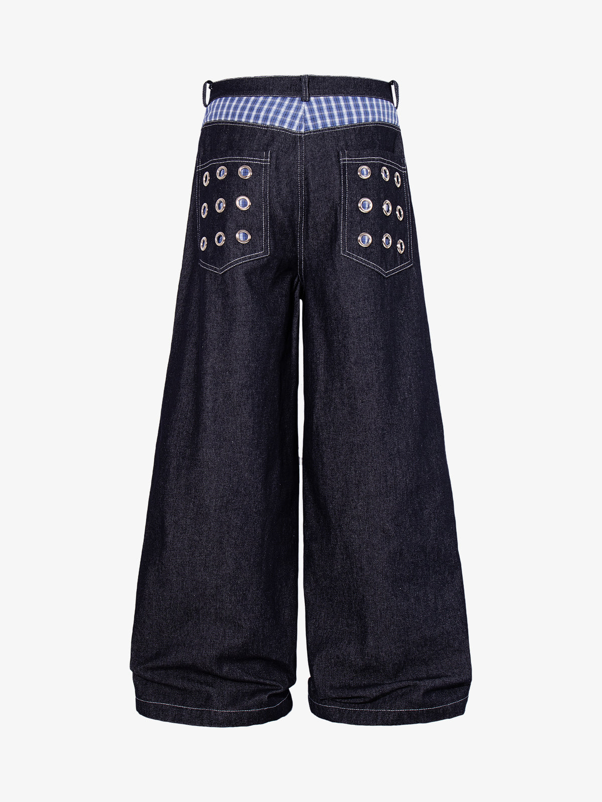 MCCNN GINGHAM WAIST GROMMET JEANS; Blue; back view