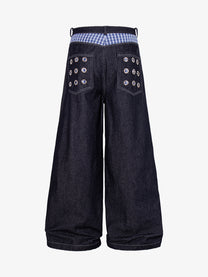 MCCNN GINGHAM WAIST GROMMET JEANS; Blue; back view