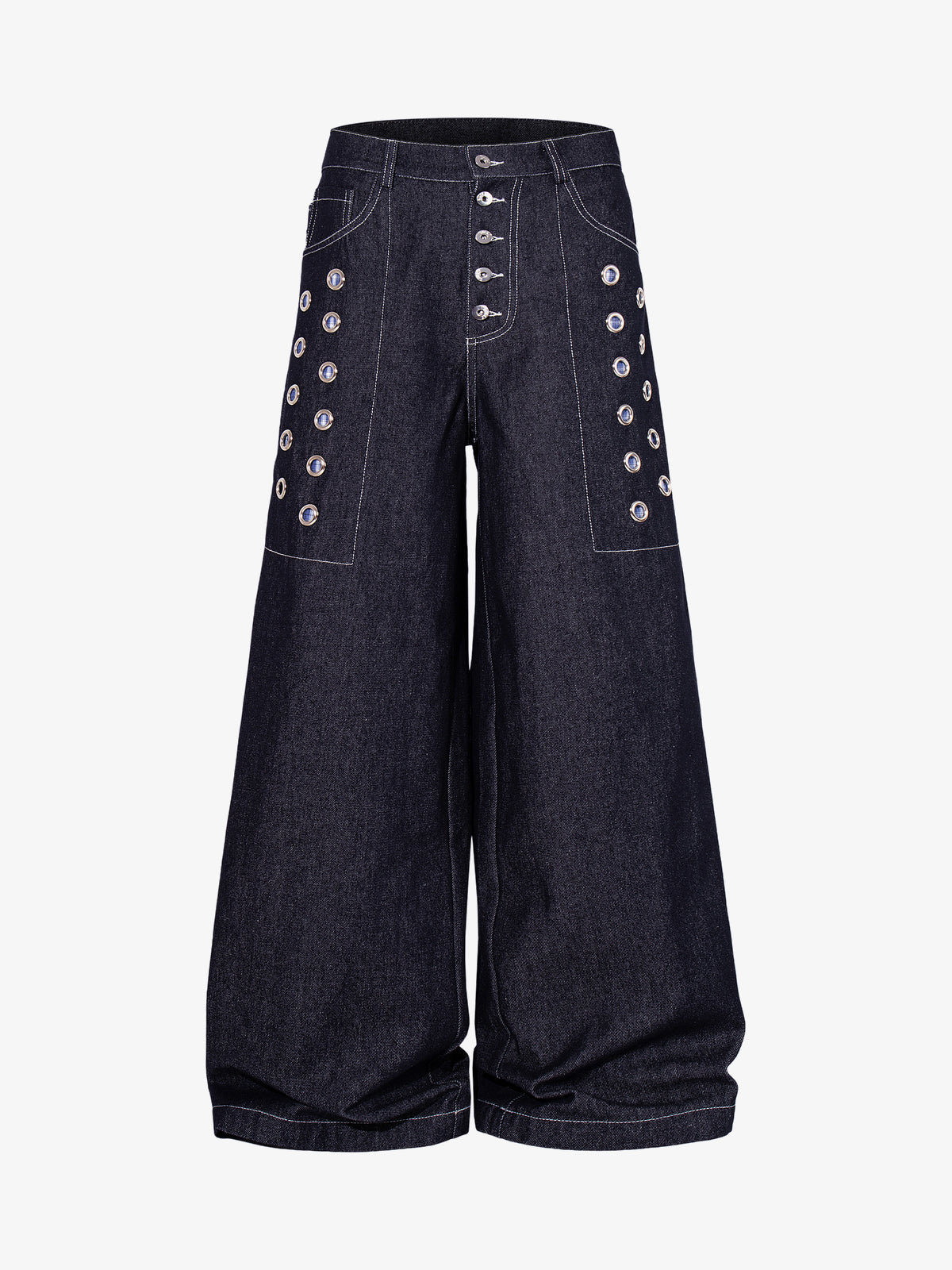 MCCNN GINGHAM WAIST GROMMET JEANS; Blue; front view