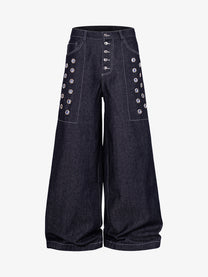 MCCNN GINGHAM WAIST GROMMET JEANS; Blue; front view