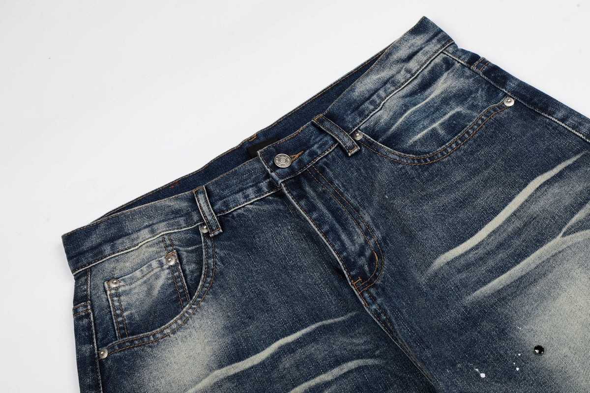 MEIM SPLATTER RHINESTONE WIDE LEG JEANS; Blue; garment construction detail
