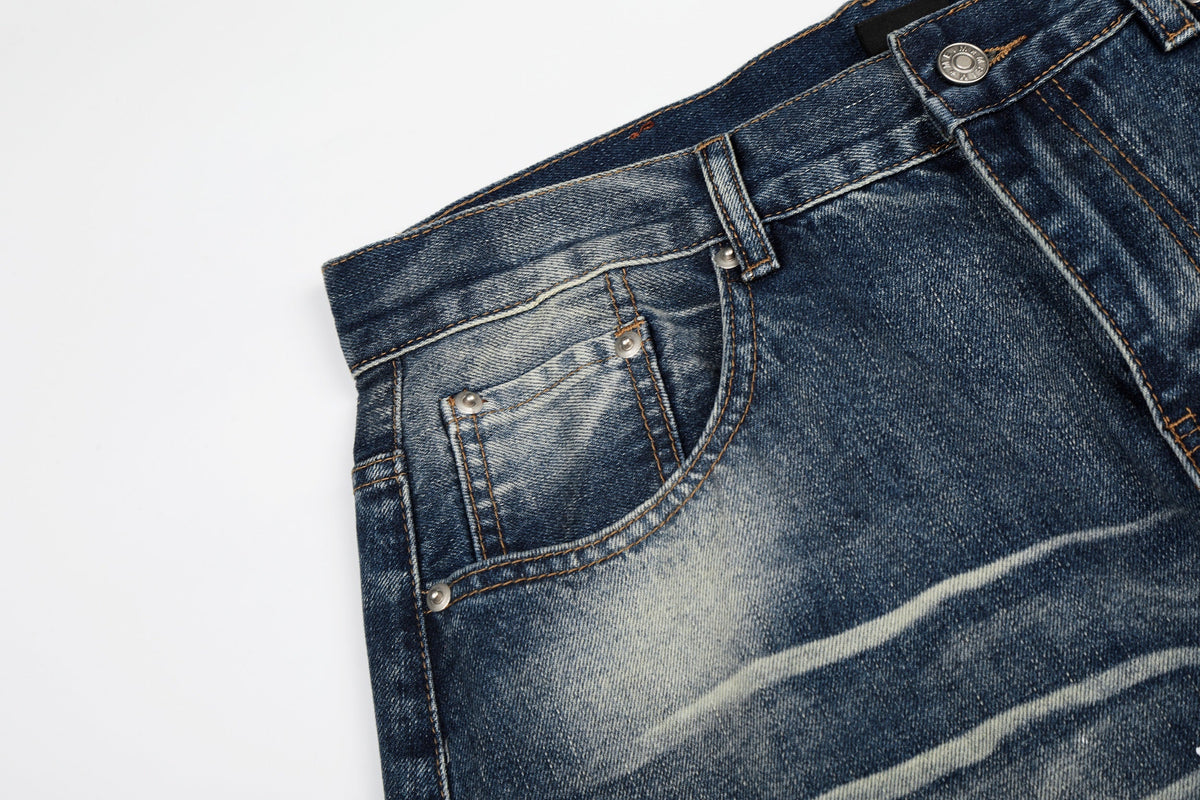 MEIM SPLATTER RHINESTONE WIDE LEG JEANS; Blue; garment construction detail