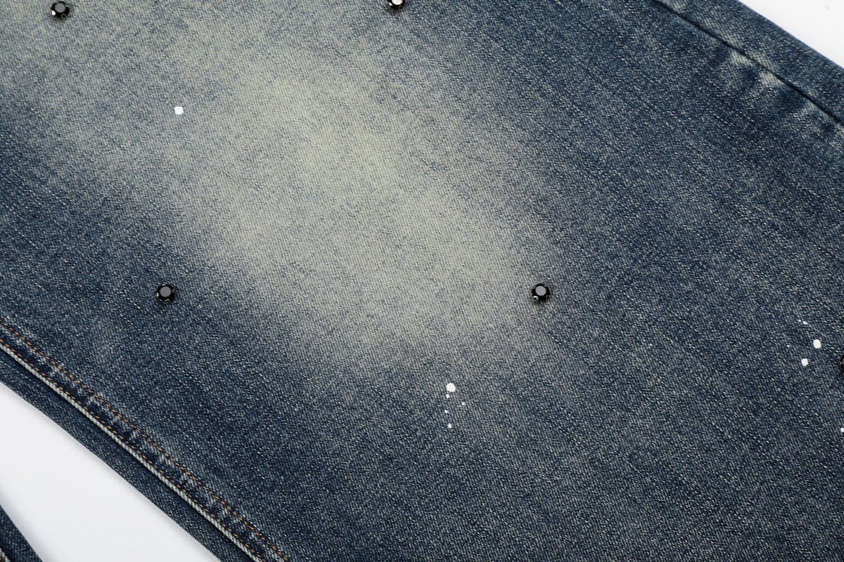MEIM SPLATTER RHINESTONE WIDE LEG JEANS; Blue; fabric detail