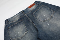 MEIM SPLATTER RHINESTONE WIDE LEG JEANS; Blue; garment construction detail