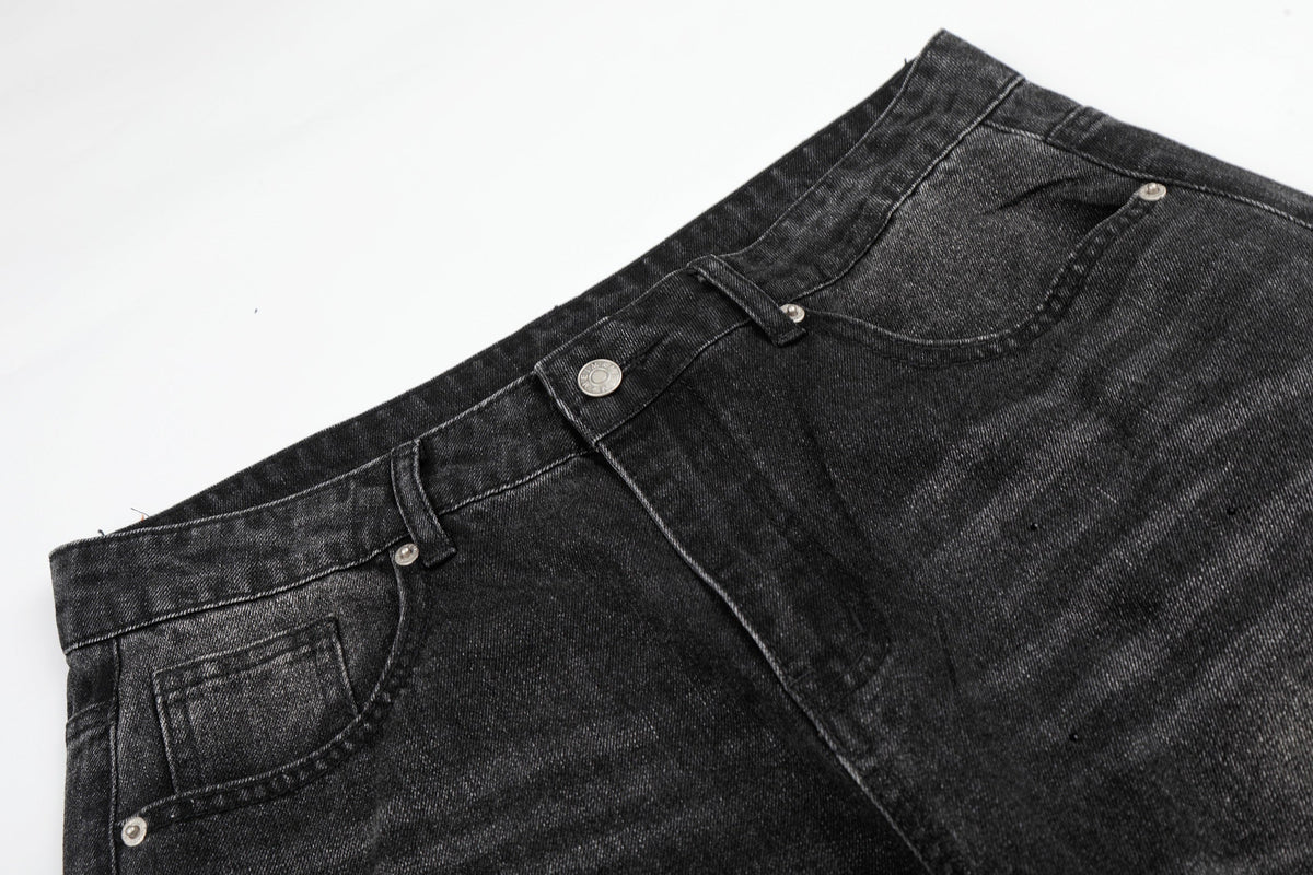 MEIM DARK FADE CURVED LEG JEANS; Black; garment construction detail