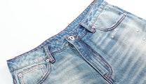 NO E MOSEN PLAID PATCH STUDDED JEANS; Blue; garment construction detail
