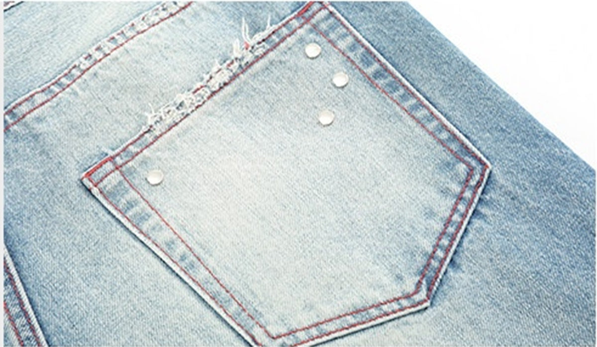 NO E MOSEN PLAID PATCH STUDDED JEANS; Blue; garment construction detail