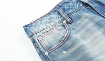 NO E MOSEN PLAID PATCH STUDDED JEANS; Blue; garment construction detail