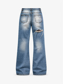 NO E MOSEN PLAID PATCH STUDDED JEANS; Blue; back view