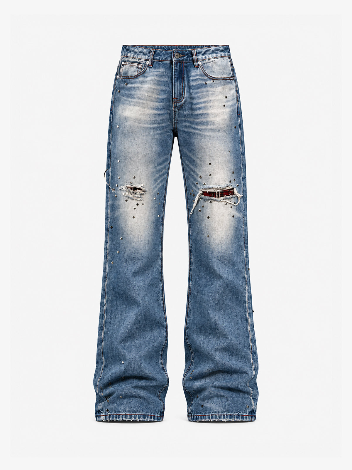 NO E MOSEN PLAID PATCH STUDDED JEANS; Blue; front view