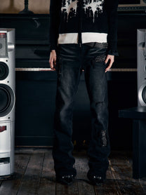 PAIKI STUDDED DISTRESSED WASHED JEANS; Black; model view