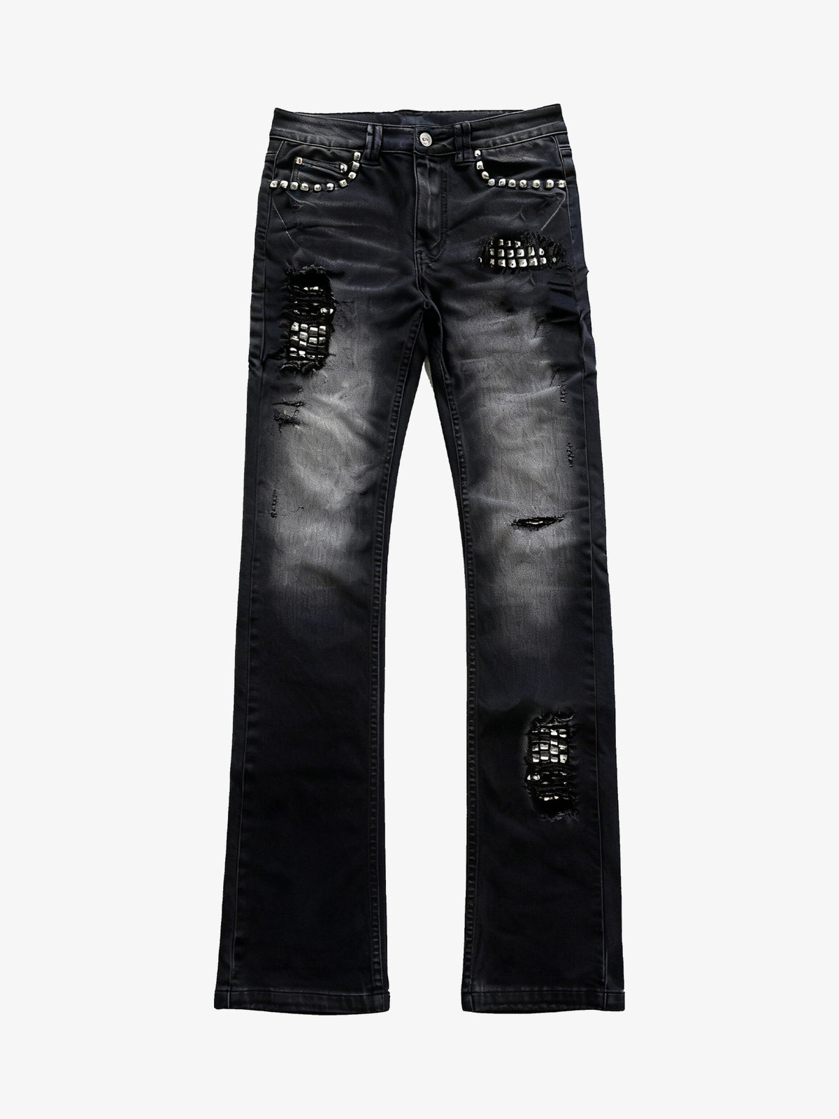 PAIKI STUDDED DISTRESSED WASHED JEANS; Black; front view