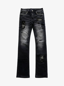 PAIKI STUDDED DISTRESSED WASHED JEANS; Black; front view