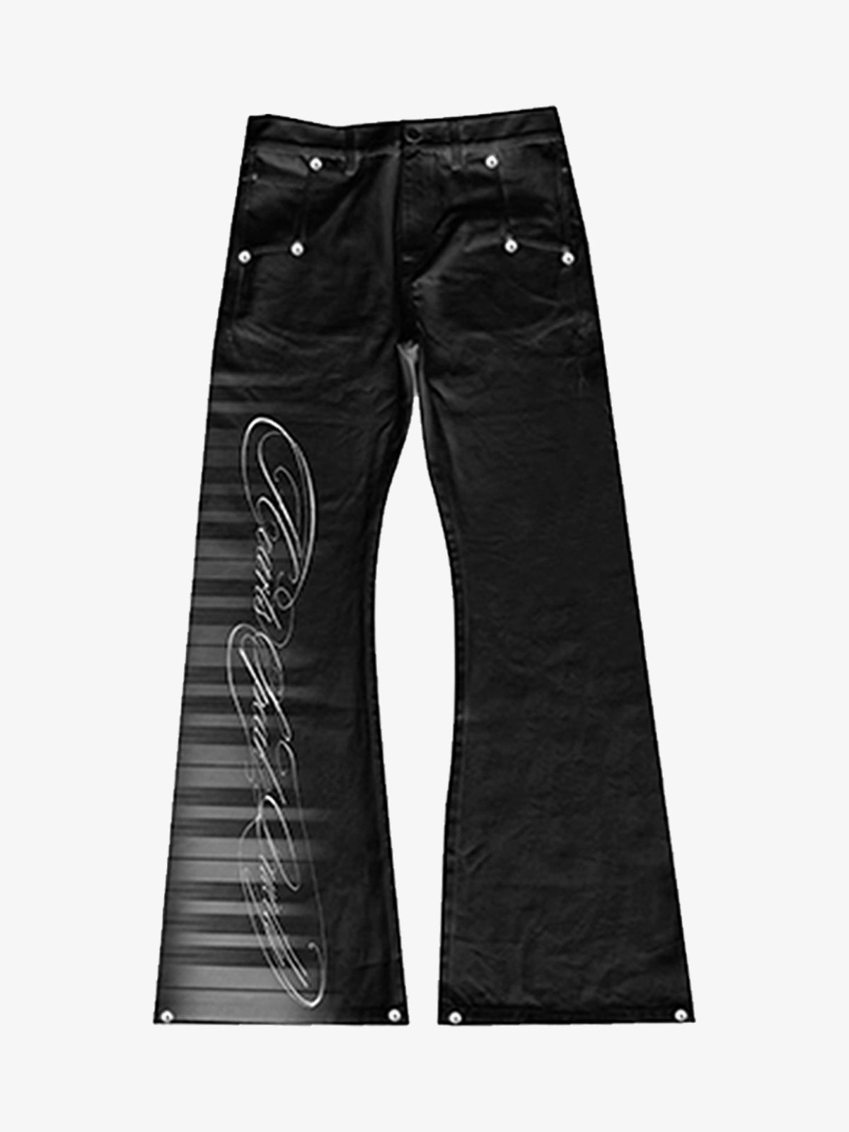 PAIKI SCRIPT GRAPHIC FLARED JEANS; Black; front view
