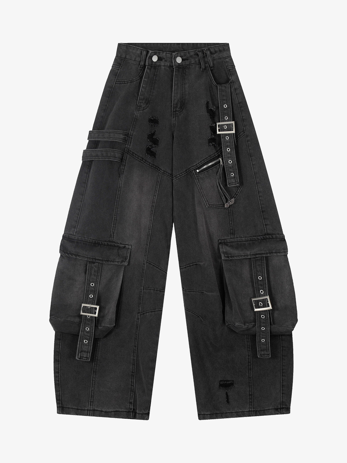 RVNTENG WASHED PANEL CARGO JEANS; Black; front view