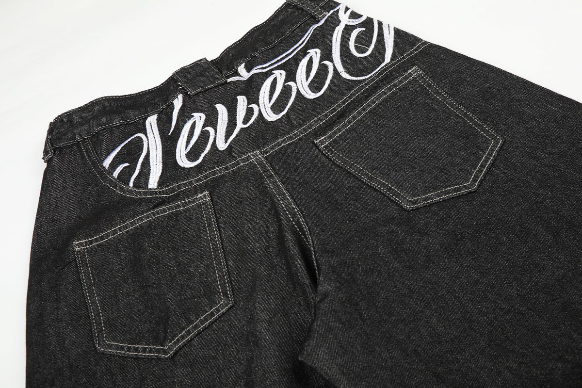 SEVEERS SCRIPT WAIST BAGGY JEANS; Black; design detail