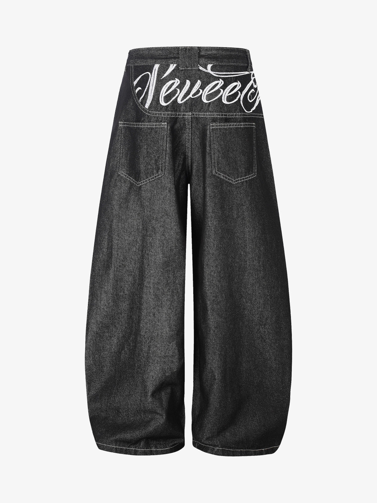 SEVEERS SCRIPT WAIST BAGGY JEANS; Black; back view
